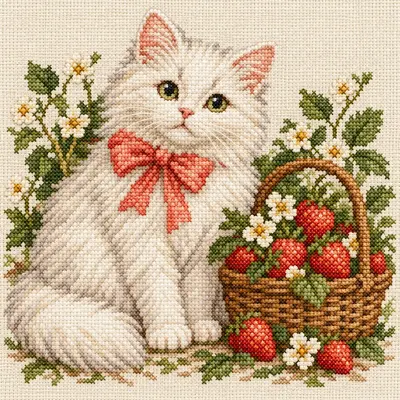 Kitten in the Strawberry Garden, a cross stitch artwork by Mia