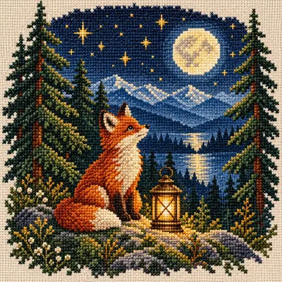 The Little Fox with a Lantern, a cross stitch artwork by Noah