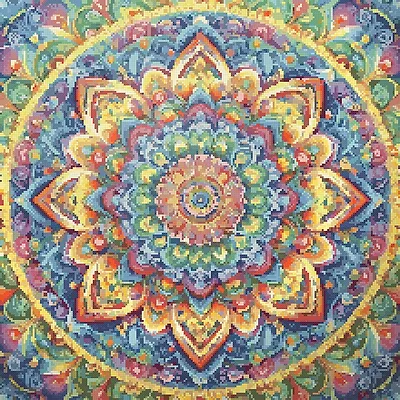 Golden Sun Mandala, stitched in cross stitch