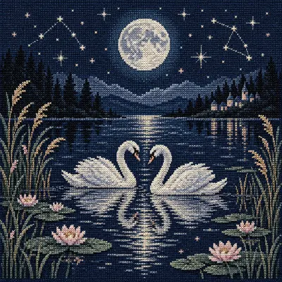 Moonlit Swan Lake, a cross stitch artwork by Luna