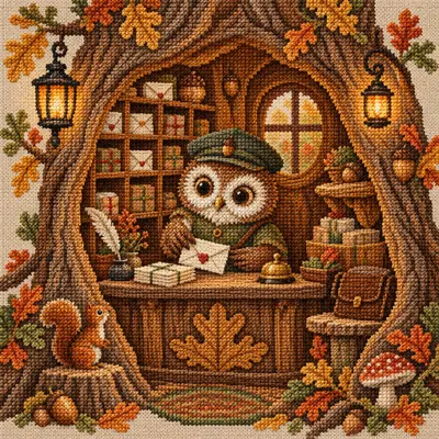 Owl Post Office, a cross stitch artwork by Noah