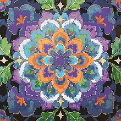 Violet Flower Mandala, stitched in cross stitch