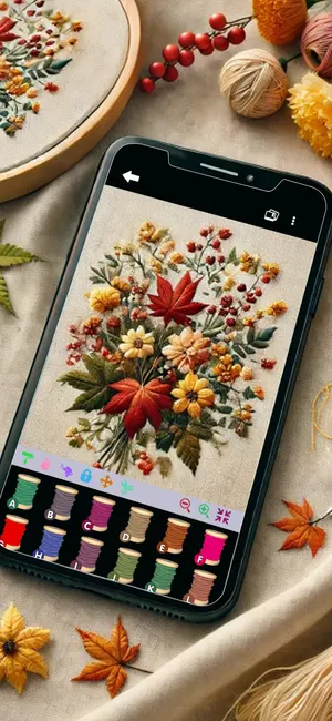 An autumn bouquet stitched on a phone, surrounded by real threads and leaves