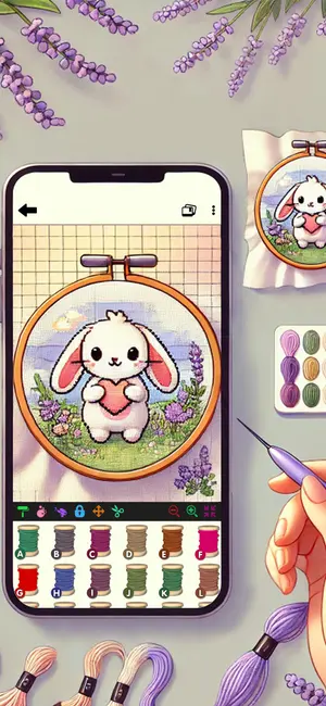 A cute bunny in a hoop being stitched in the app