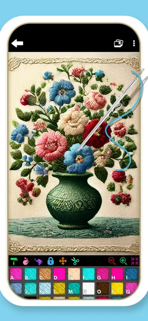 Stitching a vase of flowers in the app, with the thread palette below
